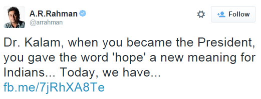 A.R.Rahman mourned the death of Dr APJ Abdul Kalam on twitter.