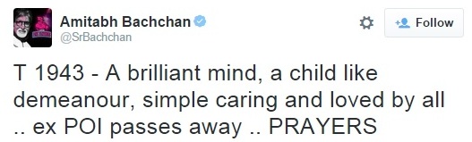 Amitabh Bachchan mourned the death of Dr APJ Abdul Kalam on twitter.