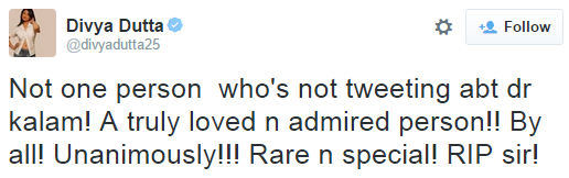 Divya Dutta mourned the death of Dr APJ Abdul Kalam on twitter.