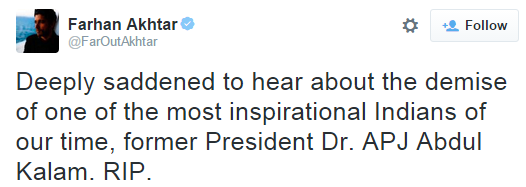 Farhan Akhtar mourned the death of Dr APJ Abdul Kalam on twitter.
