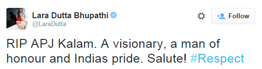 Lara Dutta Bhupathi mourned the death of Dr APJ Abdul Kalam on twitter.