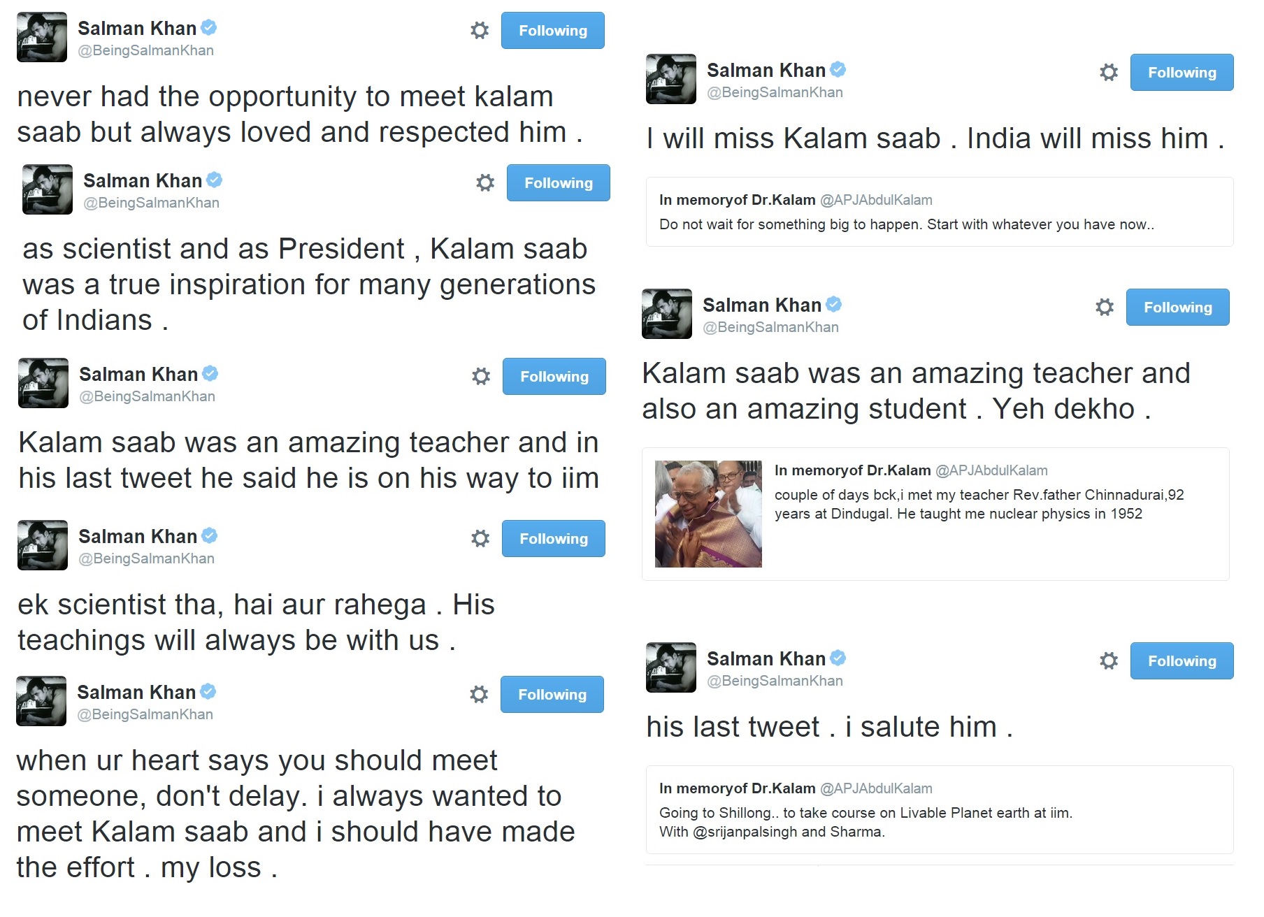 Salman Khan mourned the death of Dr APJ Abdul Kalam on twitter.