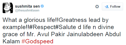 Sushmita Sen mourned the death of Dr APJ Abdul Kalam on twitter.