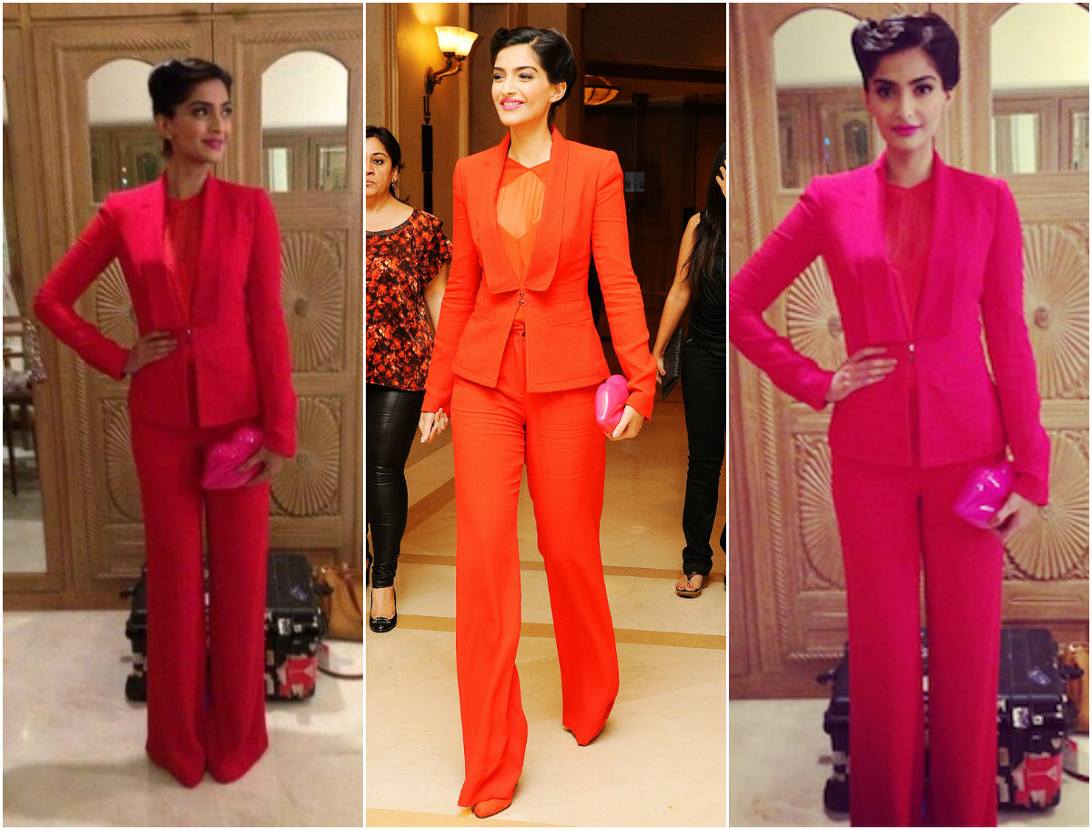 Sonam Kapoor looks super hot in this fuschia pink pant suit.