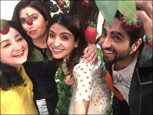 Farah Khan with Anushka Sharma and Ayushmann Khurrana