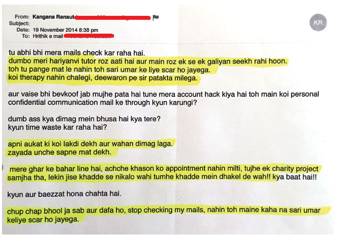 Kangana Ranaut's abusive and threatening email written to Hrithik Roshan, reproduced and published in mid-day