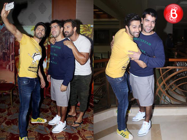 John Abraham, Varun Dhawan and Rohit Dhawan spotted enjoying at a suburban hotel