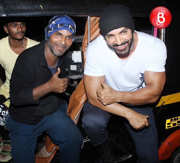 John Abraham takes a auto ride to Gaiety Galaxy theatre