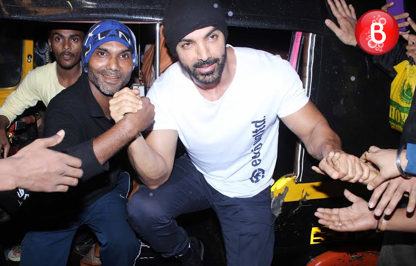 John Abraham takes a auto ride to Gaiety Galaxy theatre