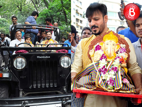 Vivek Oberoi snapped with family while Ganpati Visarjan