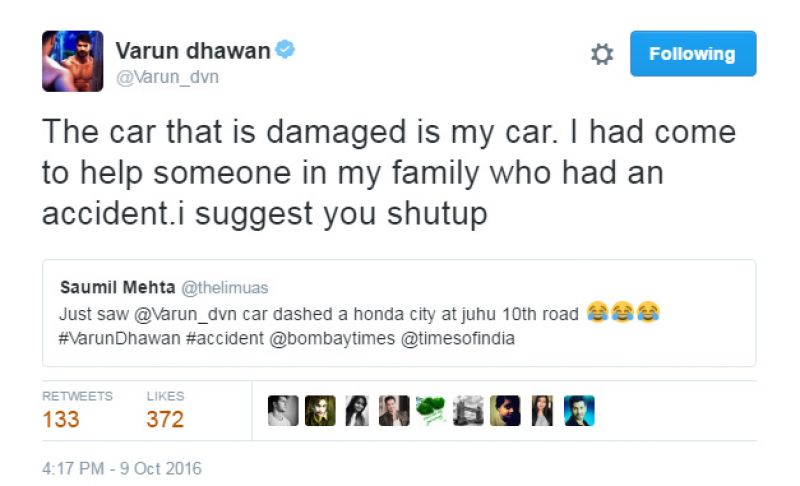 Varun Dhawan's tweet on accident