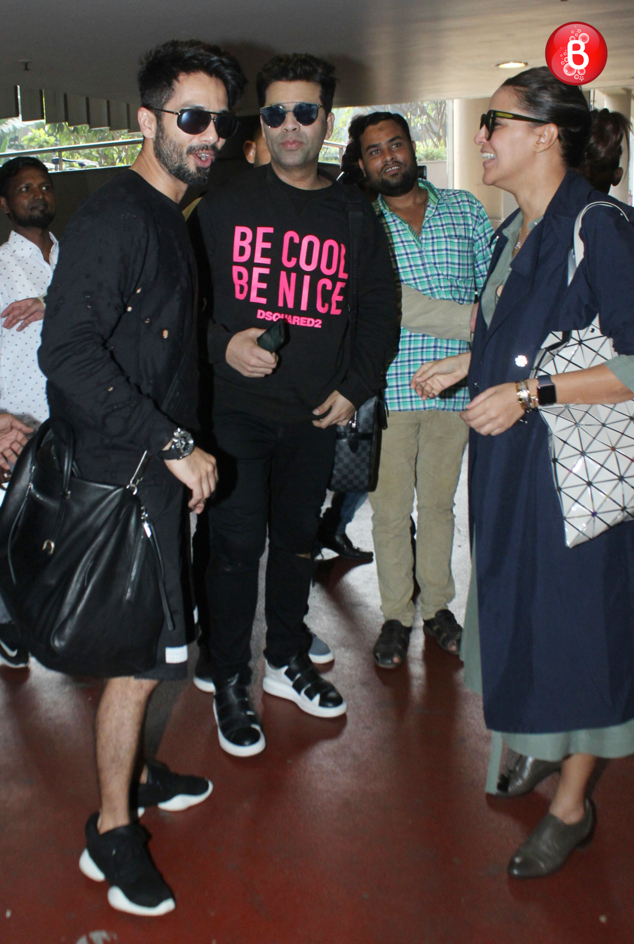Shahid Kapoor, Karan Johar, Neha Dhupia at airport