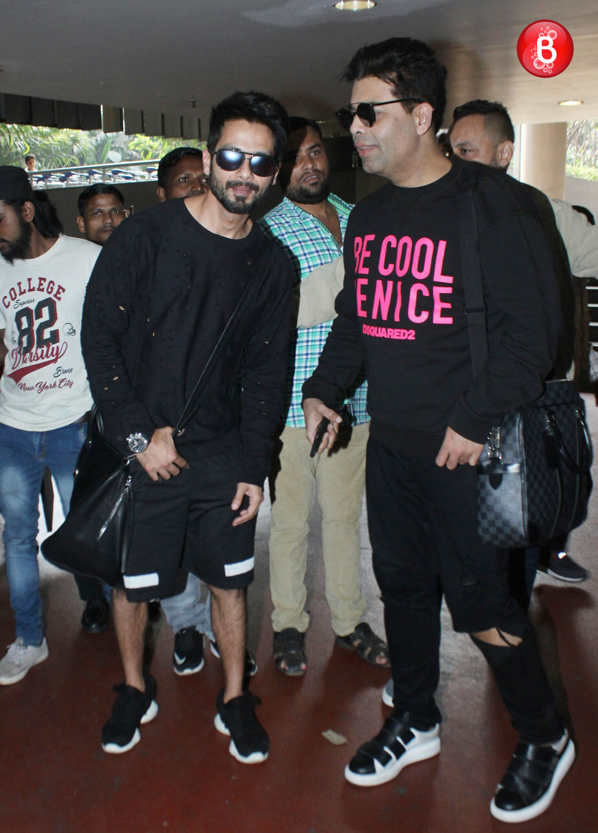 Shahid Kapoor, Karan Johar, Neha Dhupia at airport