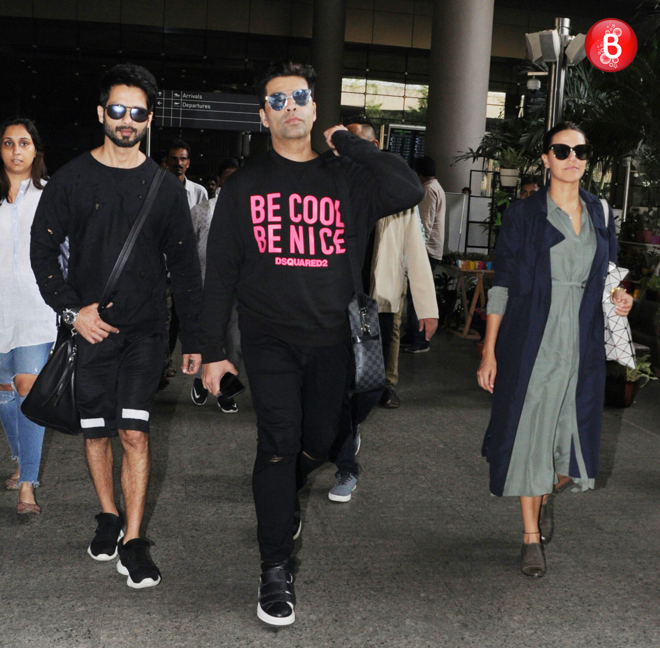 Shahid Kapoor, Karan Johar, Neha Dhupia at airport