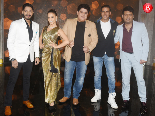 Akshay Kumar, Kapil Sharma, Sajid Khan, Shreyas Talpade and Elli AvrRam on 'The Great Indian Laughter Challenge' sets