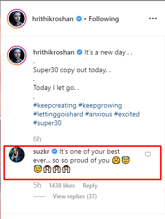 Sussanne comment on Hrithik