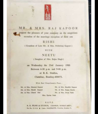 Rishi Kapoor Neetu Singh Wedding Reception Card