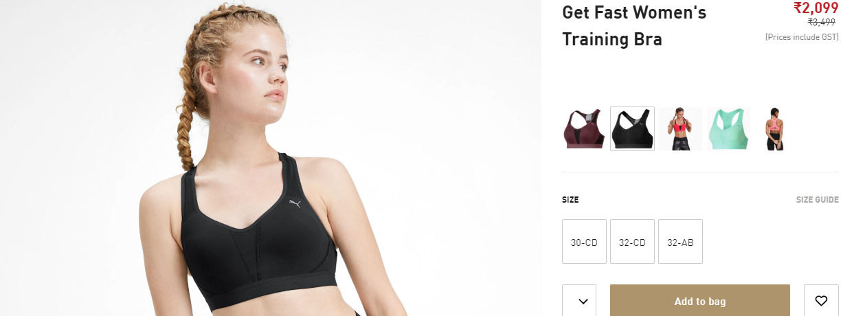 puma sports bra size chart