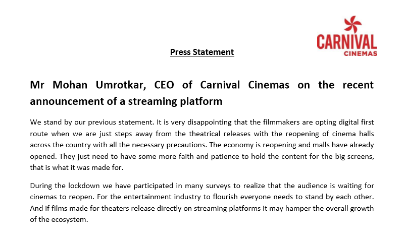 Carnival Cinemas Statement 