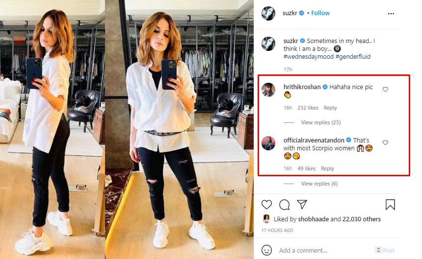 Hrithik Roshan and Raveena Tandon's comments on Sussanne Khan's pic