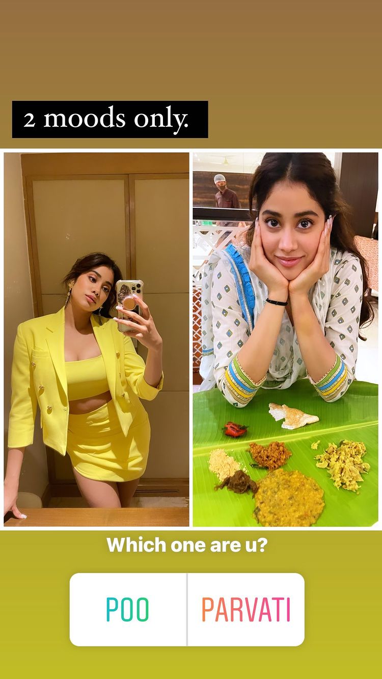  janhvi kapoor Instagram stories, janhvi kapoor poo parvati, janhvi kapoor yellow skirt pics, 