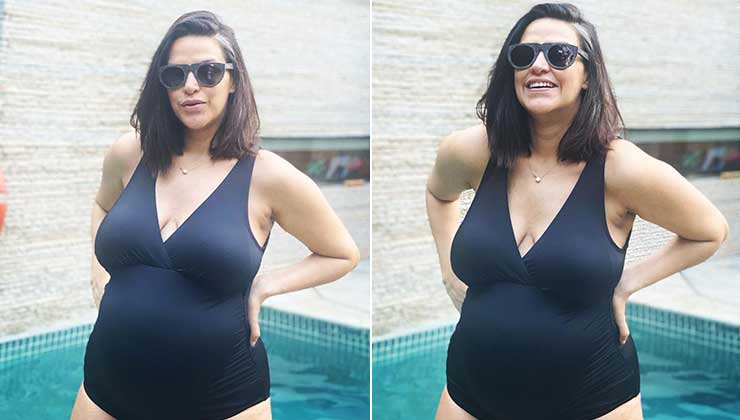 neha dhupia, neha dhupia pregnancy, neha dhupia fllaunting baby bump in black monokini, mom to be neha dhupia flaunts her baby bump, pregger neha dhupia,