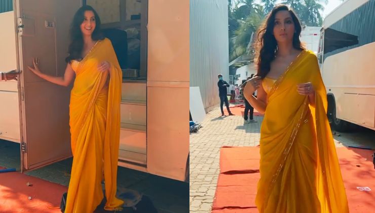 Nora Fatehi oozes hotness in yellow saree, reminds us of Raveena Tandon ...