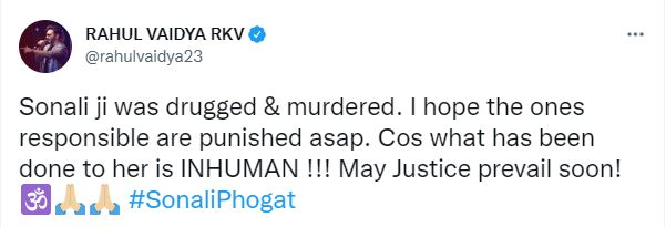 ex bigg boss contestant rahul vaidya's tweet on sonali phogat death, 