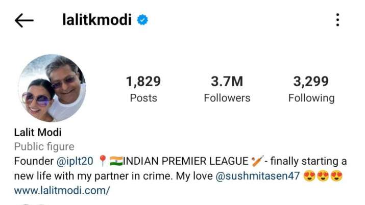 Lalit modi, sushmita sen, instagram bio