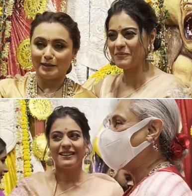 Kajol asks Jaya Bachchan to remove her mask for photos, poses with Rani Mukerji at Durga Puja-WATCH