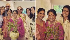 Kajol stuns in a beige ethnic outfit as she poses with mother Tanuja and sister Tanishaa