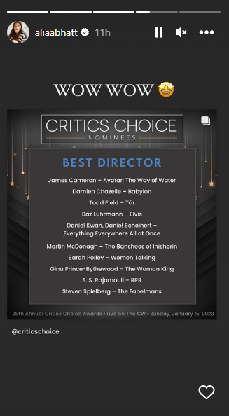 rrr, ss rajamouli, alia bhatt instagram, crtics choice awards