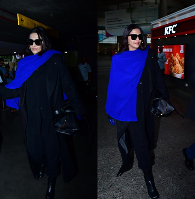 Sonam Kapoor amps up her fashion statement with a blue scarf on an all-black outfit, see PICS
