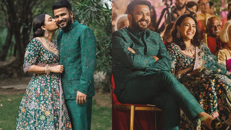 Swara Bhasker plants a kiss on husband Fahad Ahmad’s cheek, shares photos from their fun-filled sangeet night