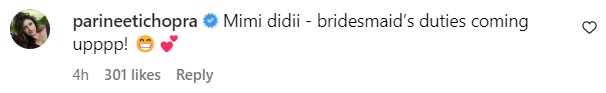 Parineeti Chopra comment on Priyanka Chopra post