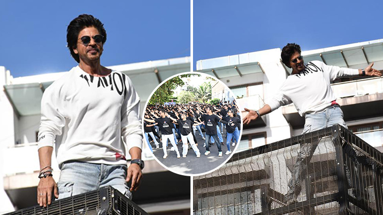 Hundreds of fans flock outside Mannat, Pathaan Shah Rukh Khan strikes his signature pose as he greets them