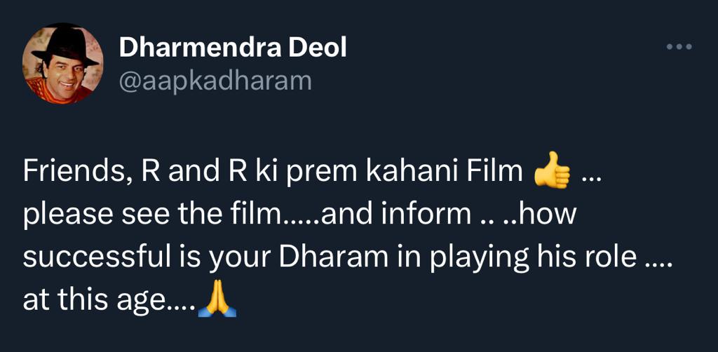 Dharmendra Deol's tweet on audience reaction