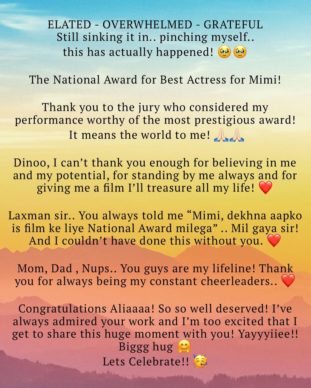 Kriti Sanon post on her National Award win