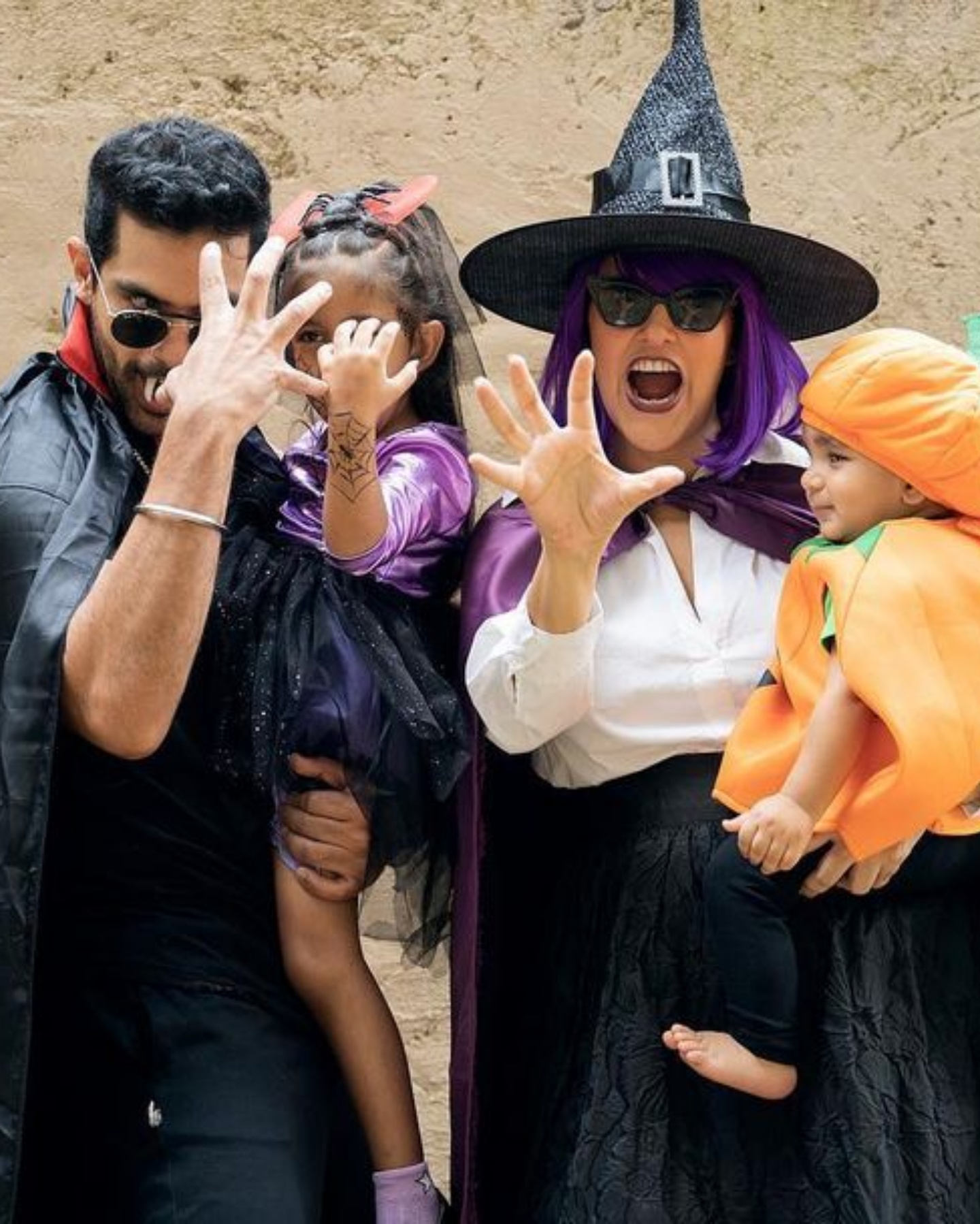 Neha Dhupia and Angad  Bedi with Mehr and Guriq