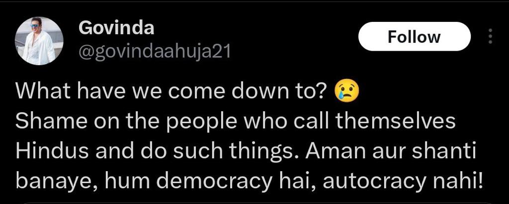 Govinda's tweet on Haryana communal violence