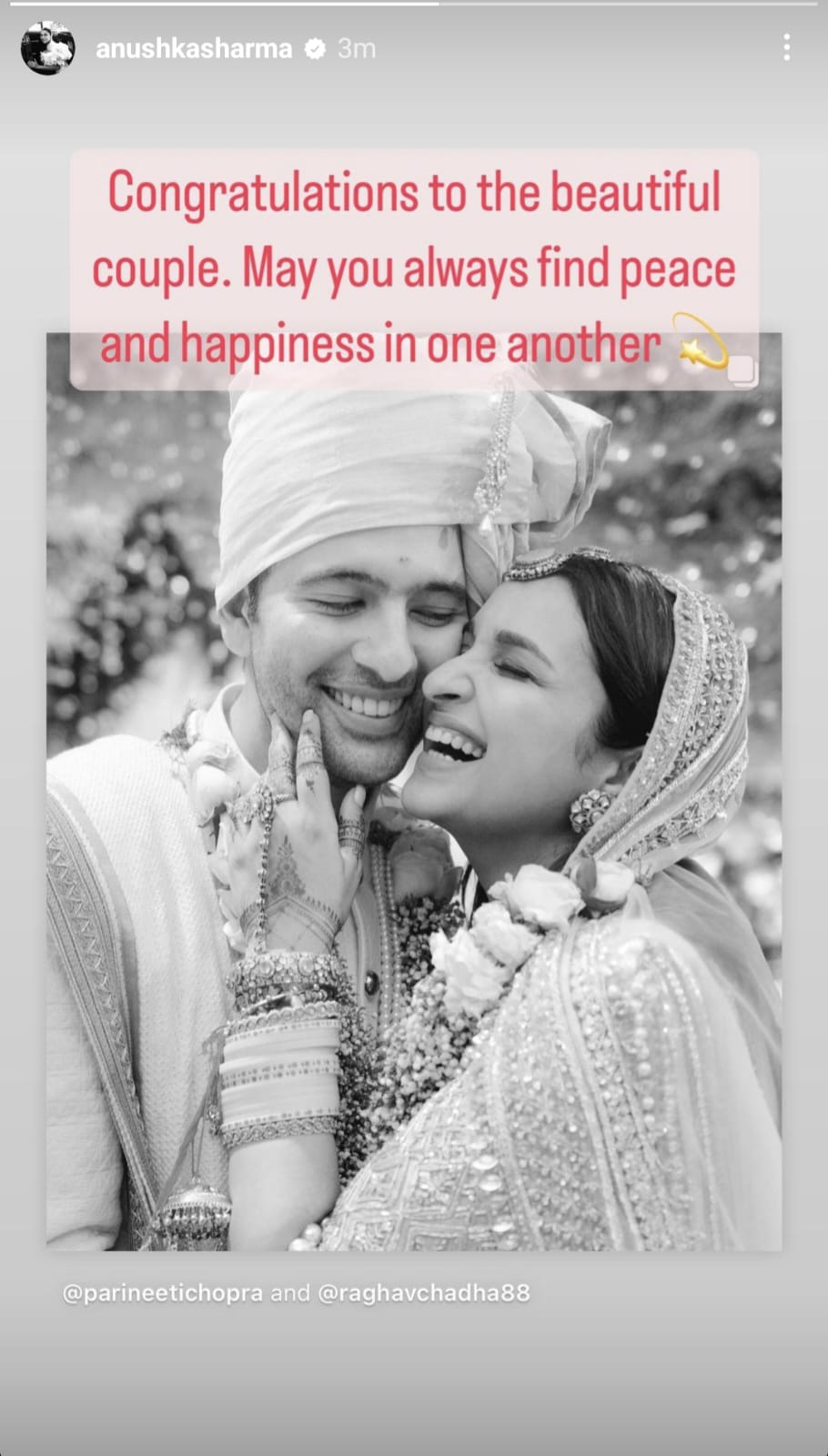 Anushka Sharma congratulates Parineeti Chopra Raghav Chadha