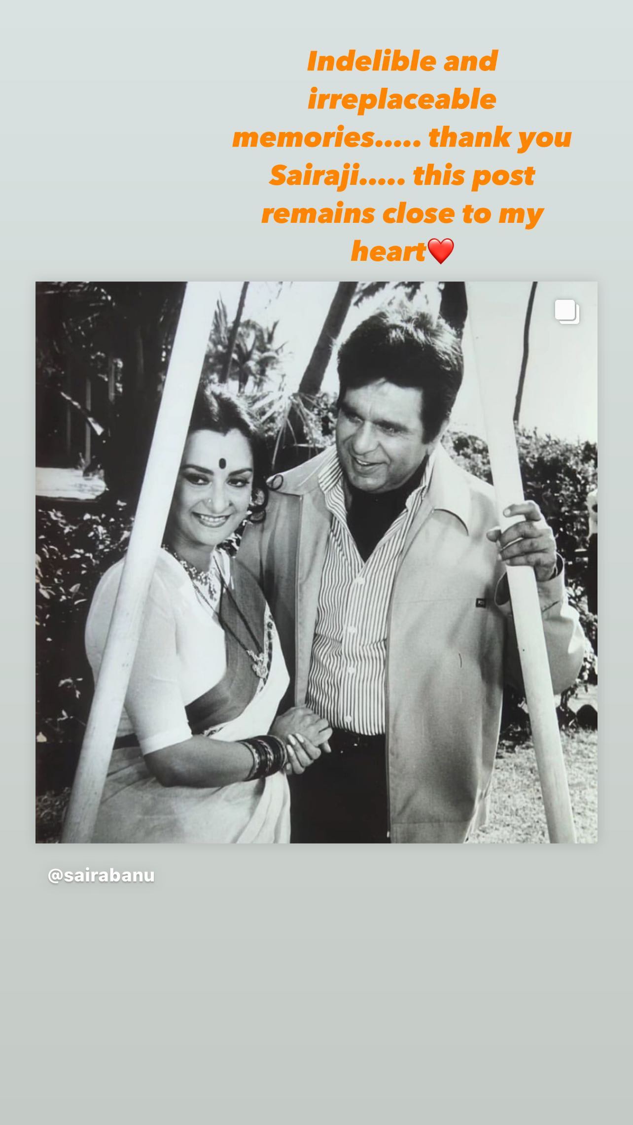 Karan Johar shares Saira Banu's post