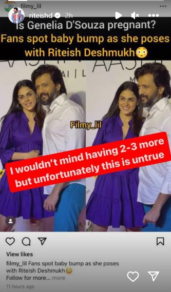 Riteish Deshmukh dismisses pregnancy rumors of wife Genelia