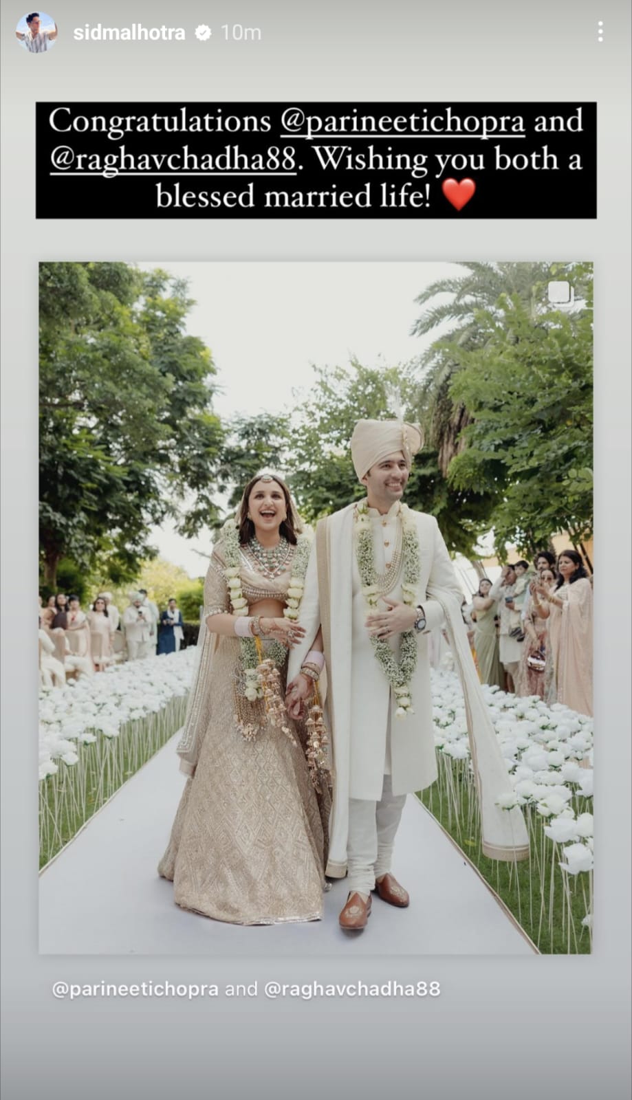 Sidharth Malhotra congratulates Parineeti & Raghav on their wedding