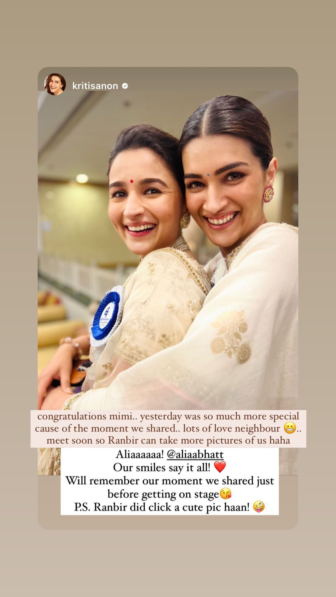 Alia Bhatt and Kriti Sanon congratulate each other