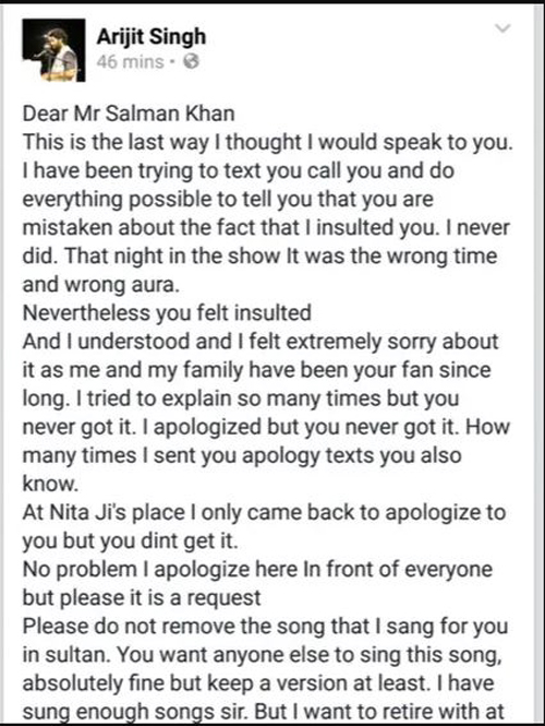 Arijit Singh's apology letter