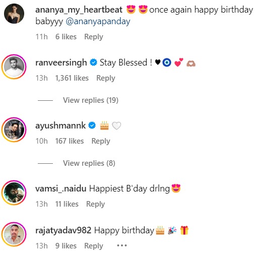 Ranveer Singh reacts to Ananya Panday's post