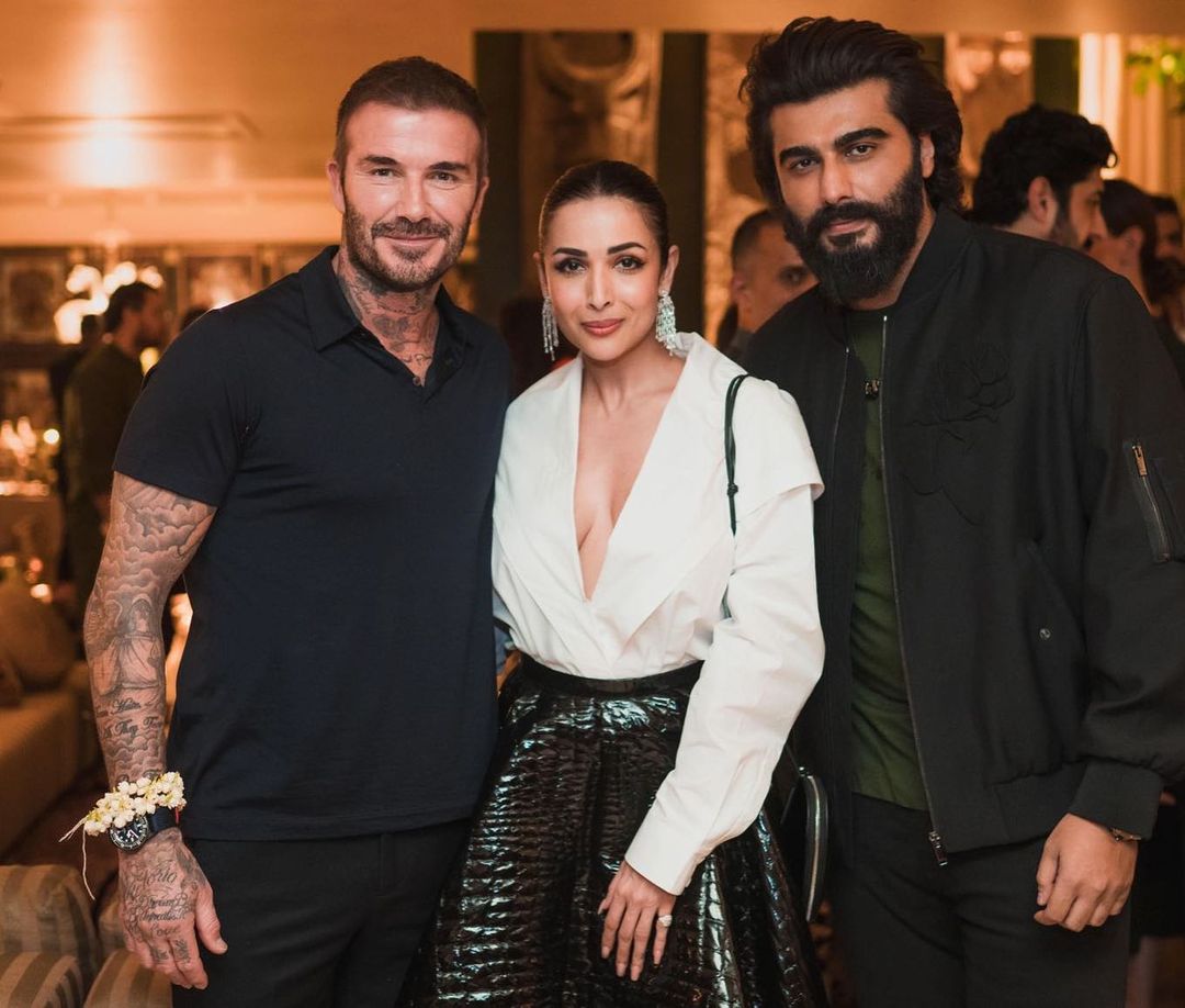 Malaika Arora and Arjun Kapoor pose with David Beckham