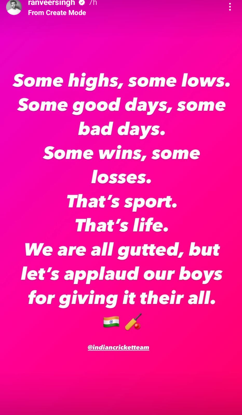 Ranveer Singh praises Team India