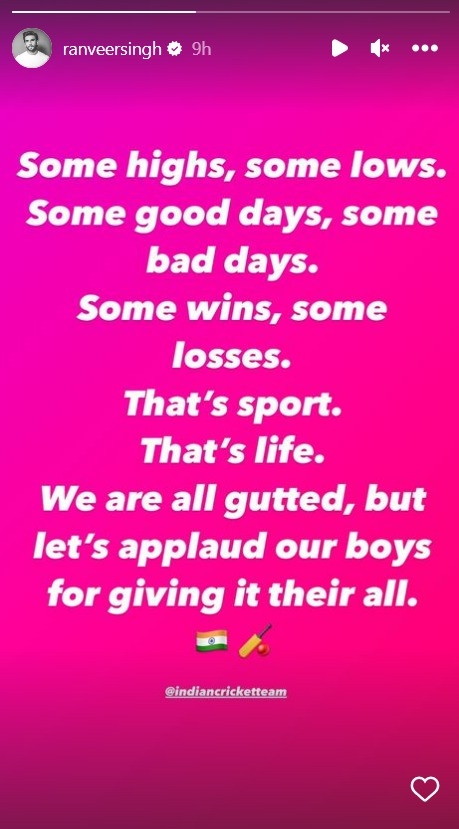 Ranveer Singh showers love on team India